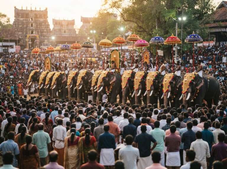 A row of caparisoned elephants with decorated parasols during the kudamattam at Thrissur Pooram, Thrissur, Kerala, India