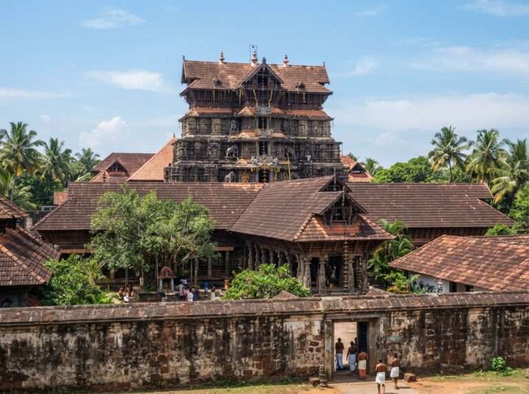 The traditional Kerala architecture of the Vadakkunnathan Temple gopuram and tiled roofs, Thrissur, Kerala, India