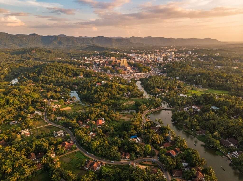Aerial view of Thrissur, Kerala, India, at golden hour