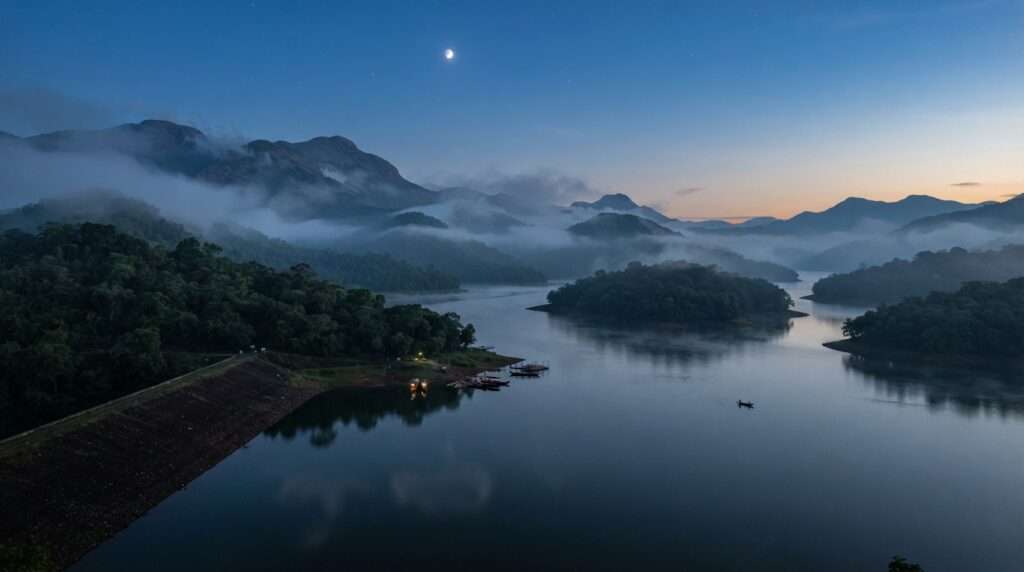 Banasura Sagar dam reservoir at blue hour, Wayanad, Kerala, India