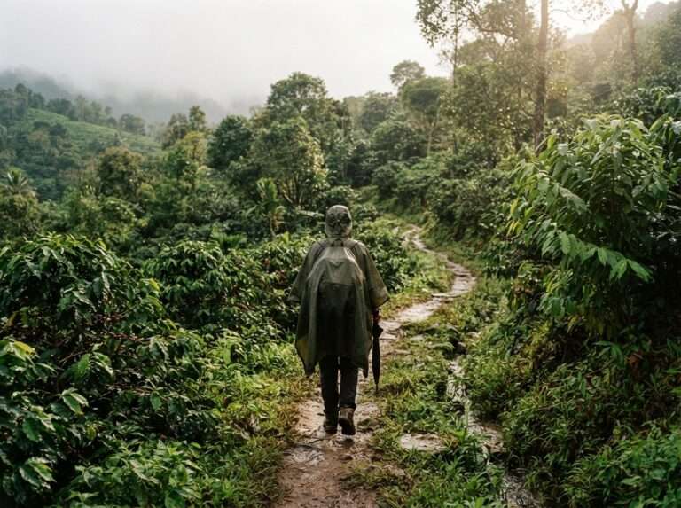 A traveller in a rain poncho, walking a guided trail through wet coffee and cardamom plantations, Wayanad, Kerala, India