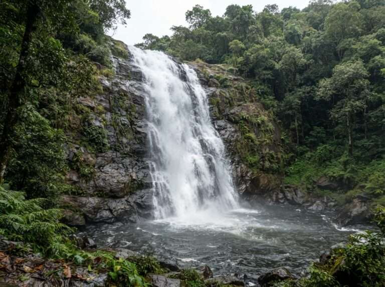 Soochipara (Sentinel Rock) waterfall in full monsoon spate, Wayanad, Kerala, India
