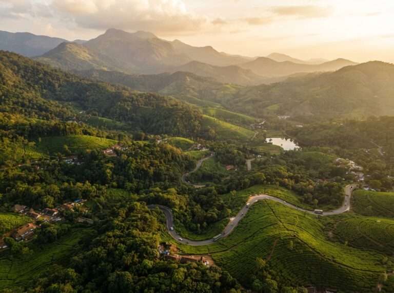 Aerial view of Wayanad in the monsoon, green hills and landscape, Kerala, India