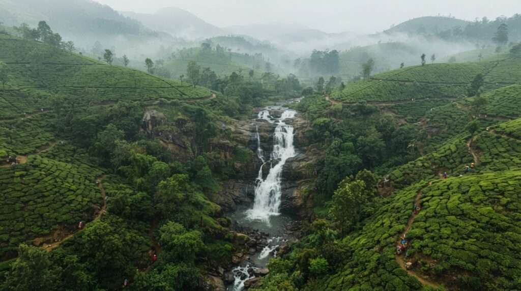 Attukad waterfall cascading through green tea country in early morning mist, Munnar, Kerala, India