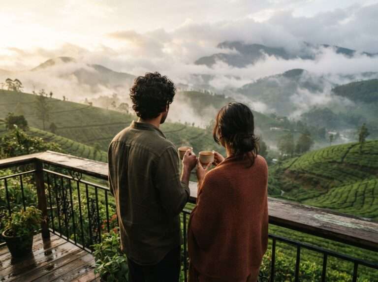 A couple on a misted balcony holding cups of estate tea, looking out at clouds over the tea hills, Munnar, Kerala, India