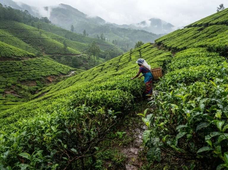 Neatly clipped rows of tea bushes on steep Munnar slopes, glistening with fresh monsoon rain, Munnar, Kerala, India