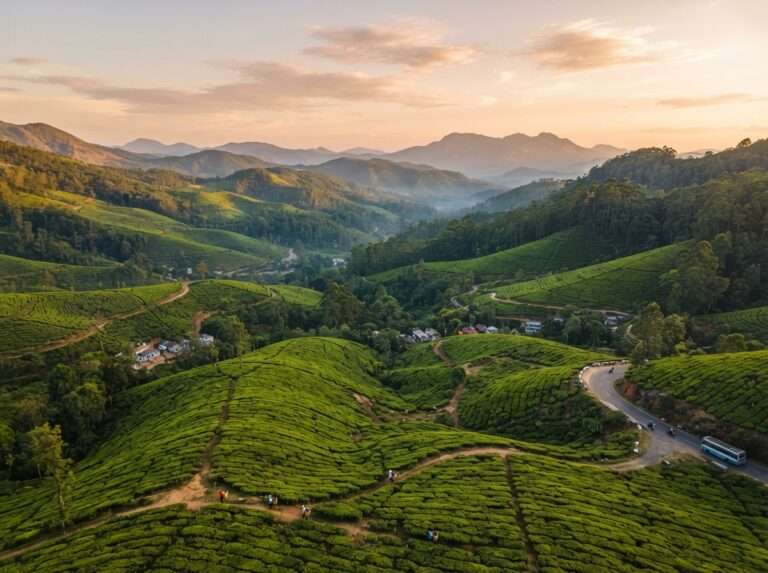 Aerial view of Munnar in the monsoon, green hills and landscape, Kerala, India