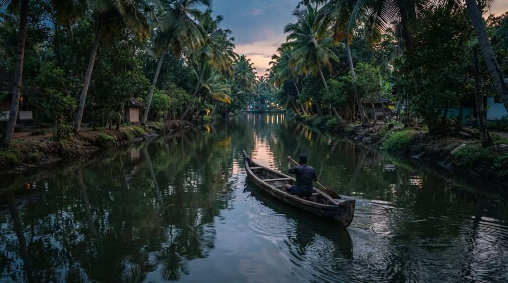 A narrow palm-lined backwater canal with a lone wooden canoe at dusk, Alleppey, Kerala, India