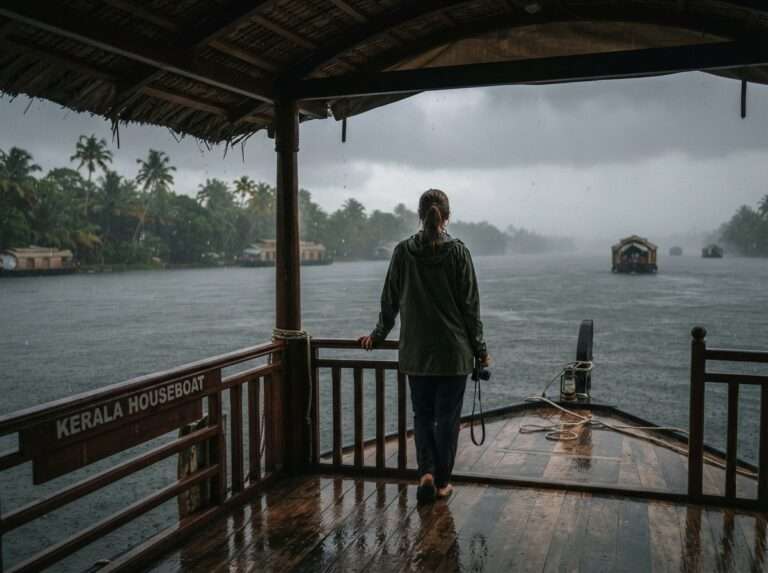 A traveller on the deck of a houseboat watching the monsoon rain sheet across Vembanad Lake, Alleppey, Kerala, India