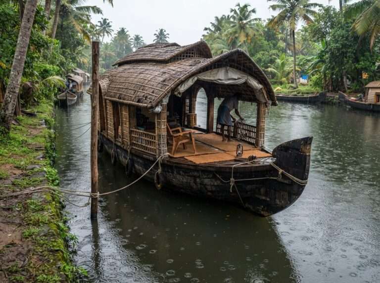 A traditional thatched kettuvallam houseboat moored on the Alleppey backwaters, Alleppey, Kerala, India
