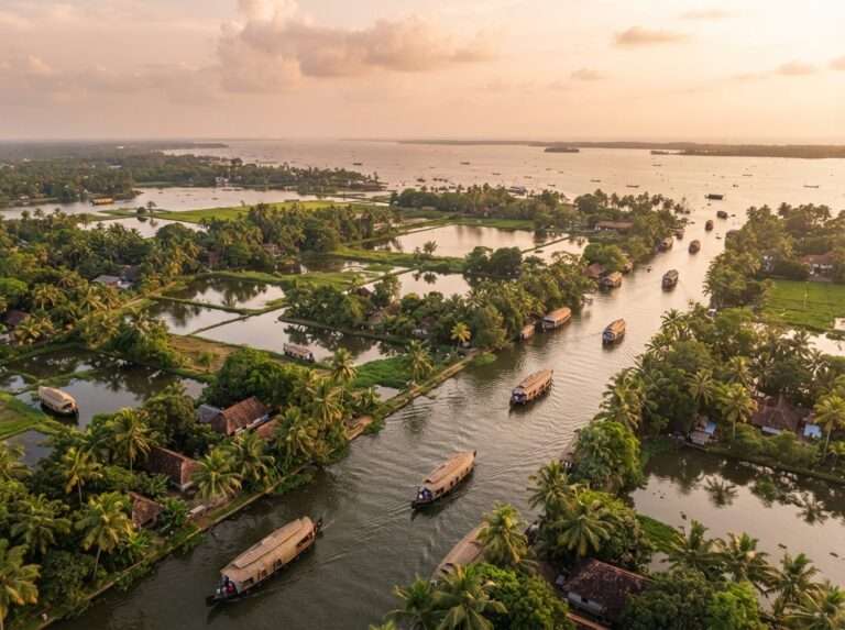 Aerial view of Alleppey in the monsoon, green hills and landscape, Kerala, India