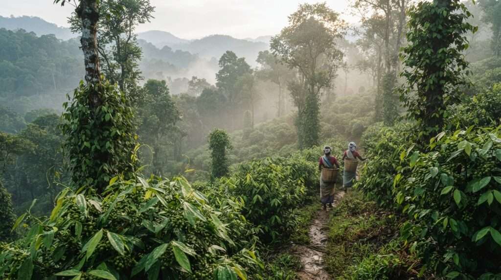 Wet cardamom and pepper plantations on the Thekkady spice hills at first light, Thekkady, Kerala, India