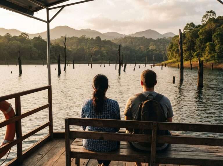 Travellers on a boat cruise across Periyar Lake, with drowned tree stumps and forested hills ahead, Thekkady, Kerala, India