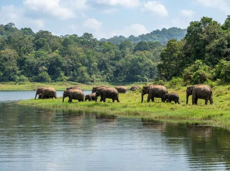 Wild elephants grazing at the grassy edge of Periyar Lake in the Periyar Tiger Reserve, Thekkady, Kerala, India