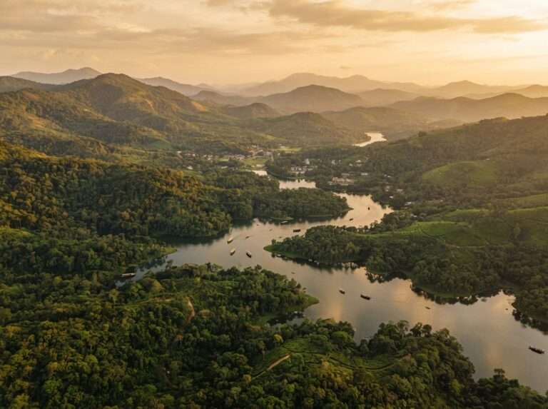 Aerial view of Thekkady in the monsoon, green hills and landscape, Kerala, India