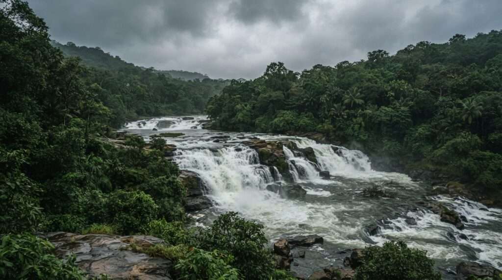 The broad Vazhachal rapids tumbling through dense rainforest under a heavy grey, Athirappilly and Vazhachal, Kerala, India