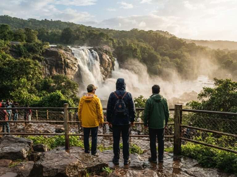Visitors in rain jackets at the marked viewpoint, Athirappilly and Vazhachal, Kerala, India