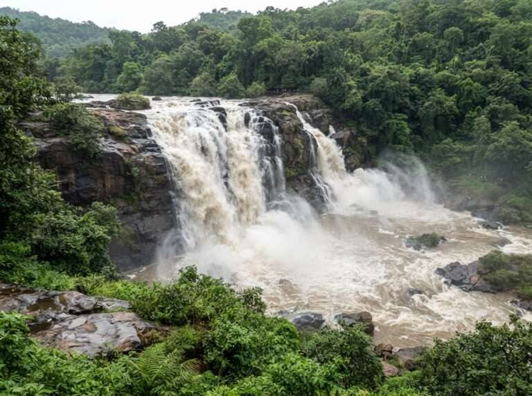 Athirappilly Falls in full monsoon spate on the Chalakudy river, Athirappilly and Vazhachal, Kerala, India
