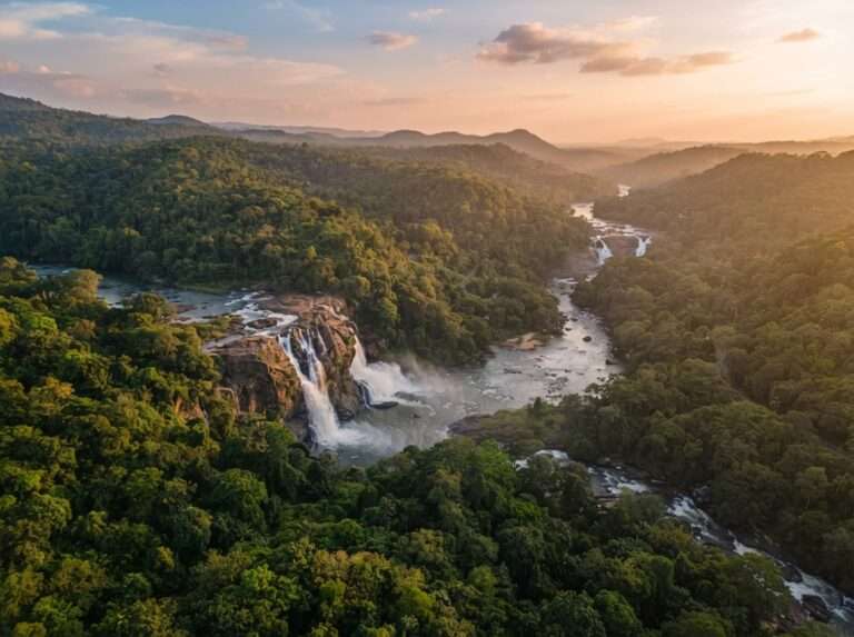 Aerial view of Athirappilly and Vazhachal in the monsoon, green hills and landscape, Kerala, India