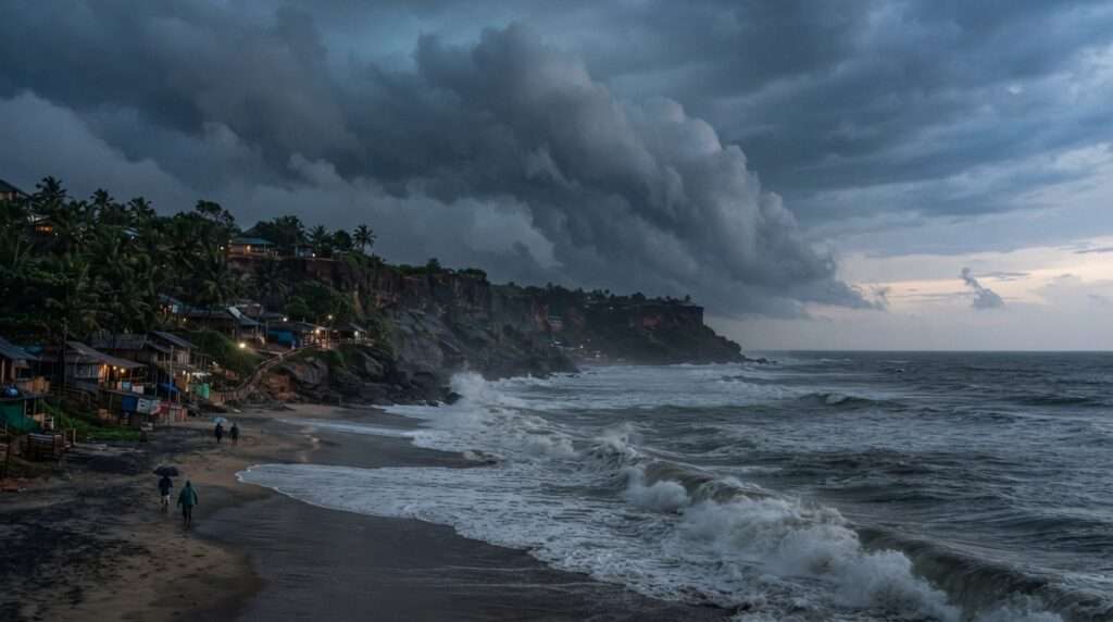 Monsoon storm clouds rolling in over the Varkala cliffs and Papanasam beach at dusk, Varkala, Kerala, India