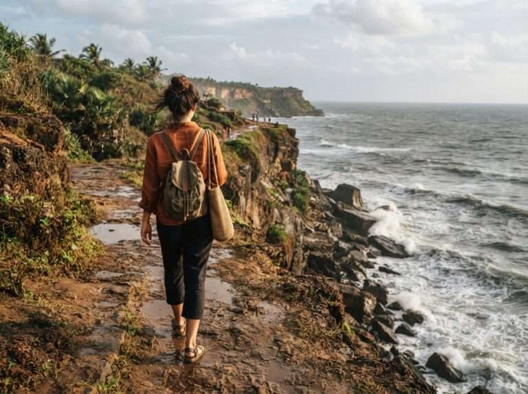 A solo traveller walking the wet Varkala clifftop path, looking out over a rough grey Arabian Sea, Varkala, Kerala, India