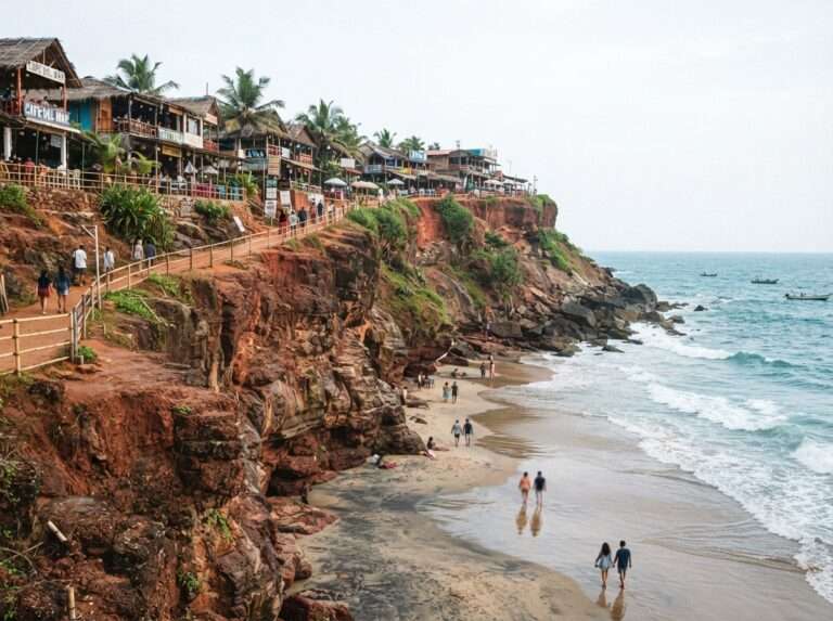 The red laterite Varkala cliff rising above a rain-washed beach, with cafes along the clifftop, Varkala, Kerala, India