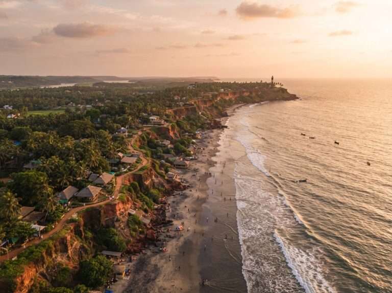 Aerial view of Varkala in the monsoon, green hills and landscape, Kerala, India