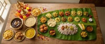 Kerala sweets on an Onam Sadya banana leaf: Ada Pradhaman, Palada Payasam, Unniyappam and Sharkara Varatti