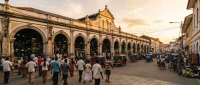 Kandy Municipal Central Market Hall exterior on Market Street, Kandy, Sri Lanka at golden hour
