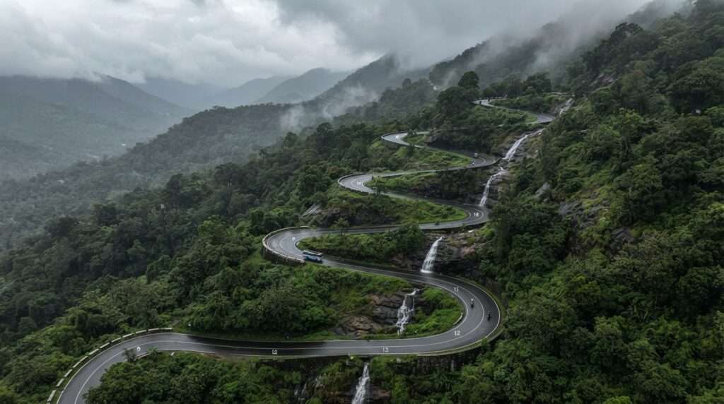 Aerial drone view of the zigzag hairpins snaking up, The ghat road and its hairpin viewpoints, Nelliyampathy, Kerala, India