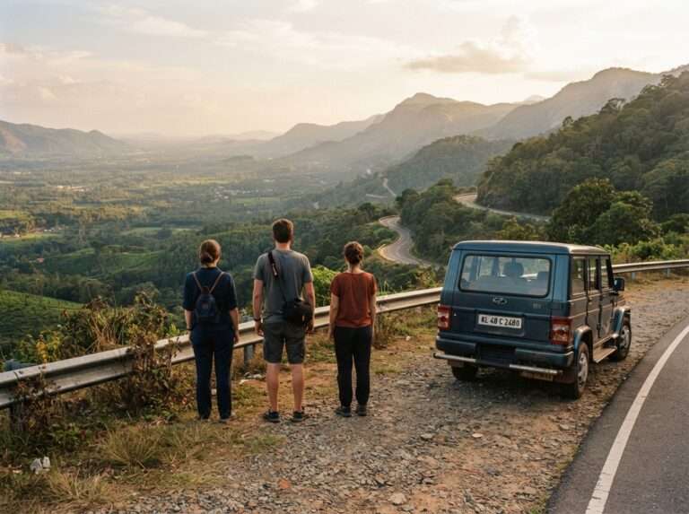 Travellers standing at a wide roadside shoulder, The ghat road and its hairpin viewpoints, Nelliyampathy, Kerala, India