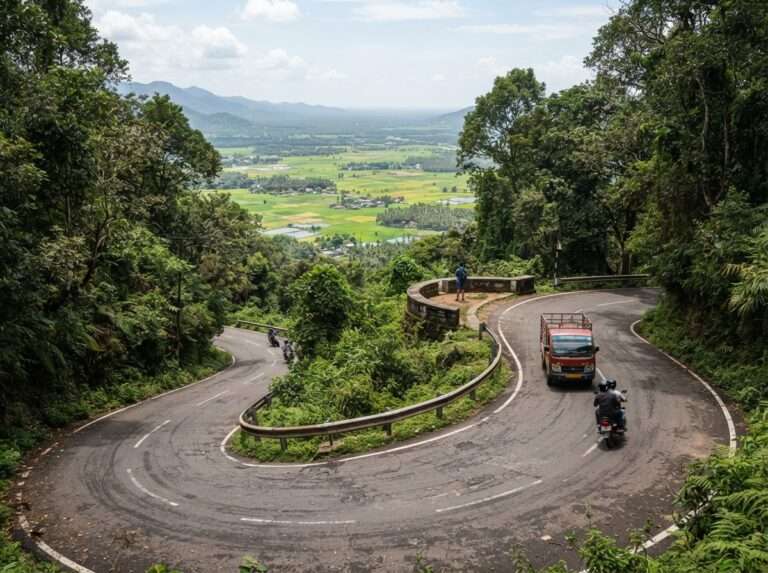 A tight hairpin bend of the forest ghat road with, The ghat road and its hairpin viewpoints, Nelliyampathy, Kerala, India