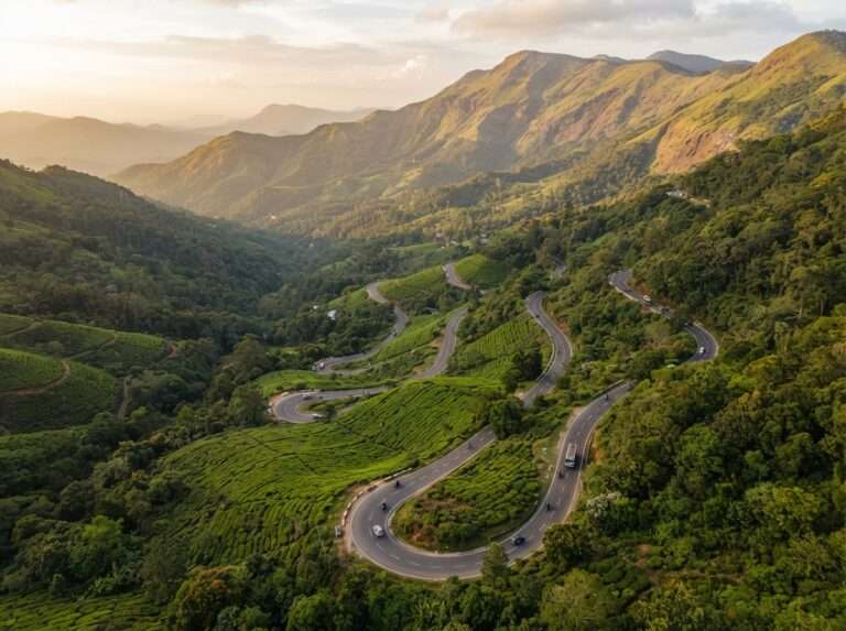 Aerial view of The ghat road and its hairpin viewpoints, Nelliyampathy, Kerala, India, at golden hour