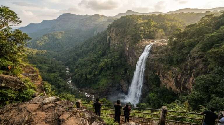 The seasonal waterfall dropping about 30 m below, Seetharkundu Viewpoint and waterfall, Nelliyampathy, Kerala, India