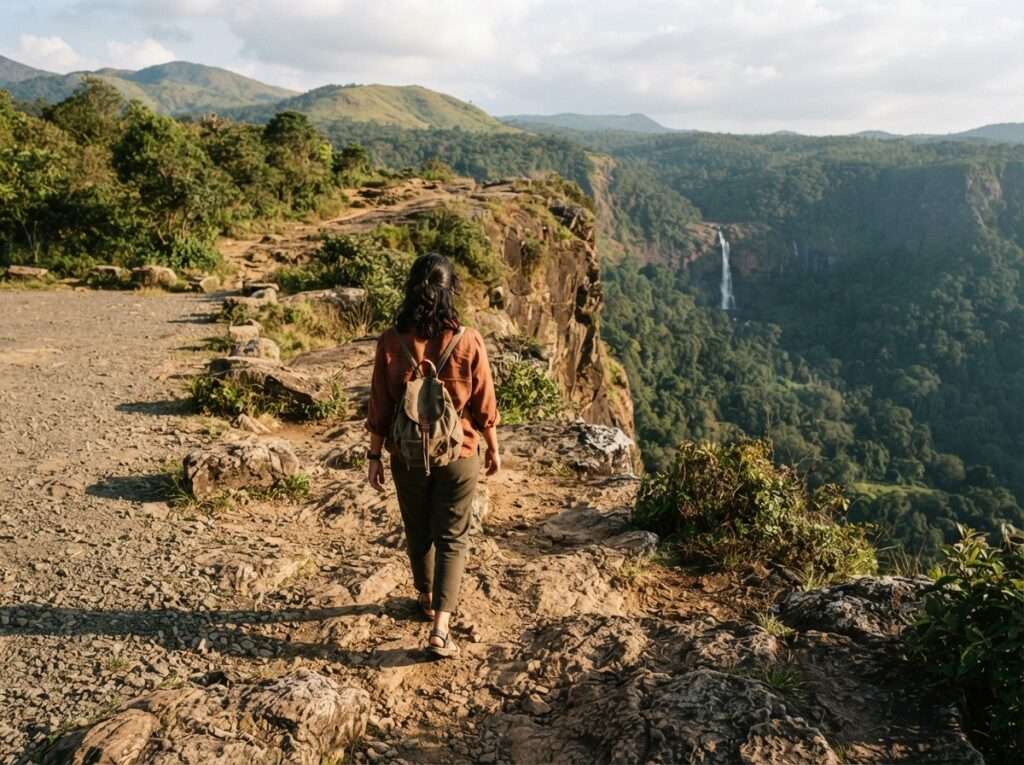 A traveller walking over uneven rock from the parking, Seetharkundu Viewpoint and waterfall, Nelliyampathy, Kerala, India