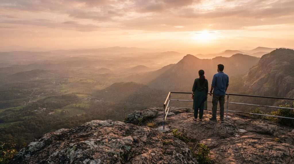Golden hour from the top of the rock, long shadows and haze over, Kesavanpara Viewpoint, Nelliyampathy, Kerala, India