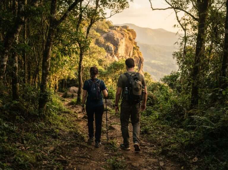 Trekkers in closed shoes walking the short shaded forest trail toward, Kesavanpara Viewpoint, Nelliyampathy, Kerala, India