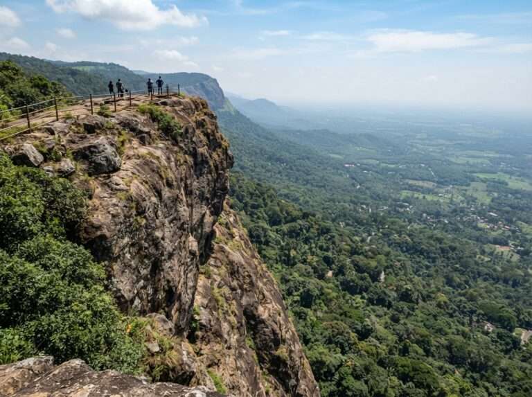 The huge bare rock of Kesavanpara jutting out of dense forest above, Kesavanpara Viewpoint, Nelliyampathy, Kerala, India