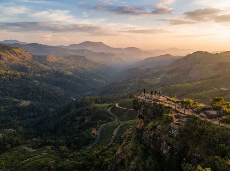 Aerial view of Kesavanpara Viewpoint, Nelliyampathy, Kerala, India, at golden hour