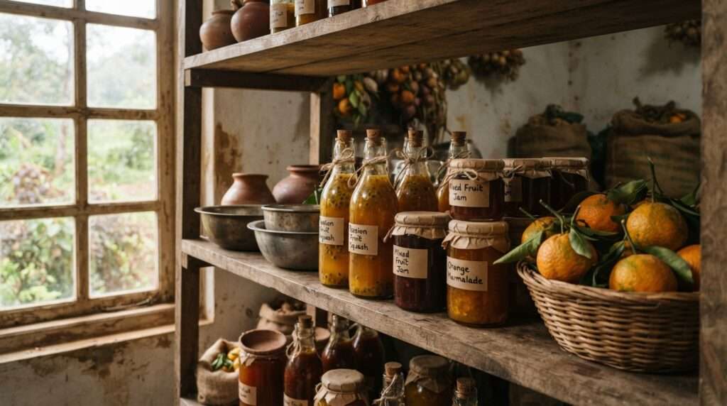 Close detail of the farm gate shop shelves with bottles, Government Orange and Vegetable Farm, Nelliyampathy, Kerala, India