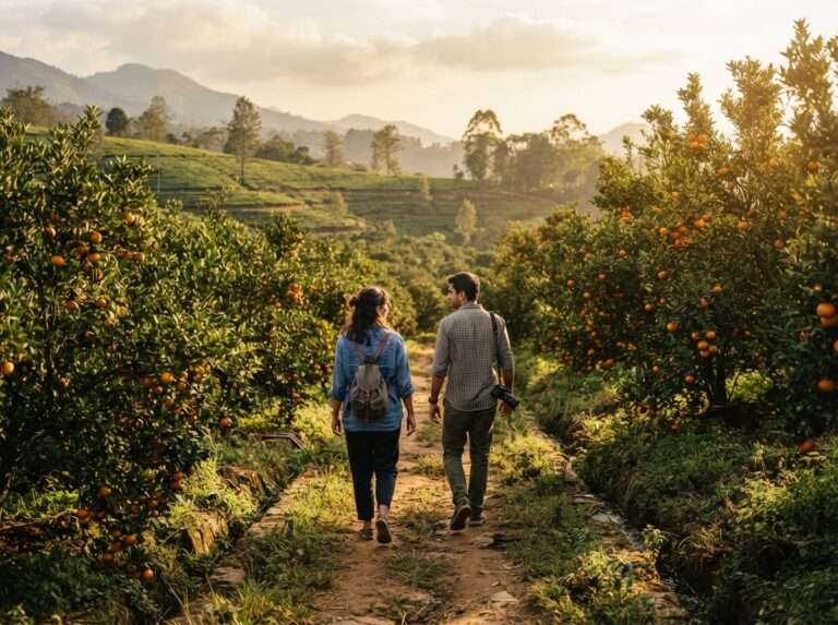 Visitors walking between orchard rows in the morning, Government Orange and Vegetable Farm, Nelliyampathy, Kerala, India