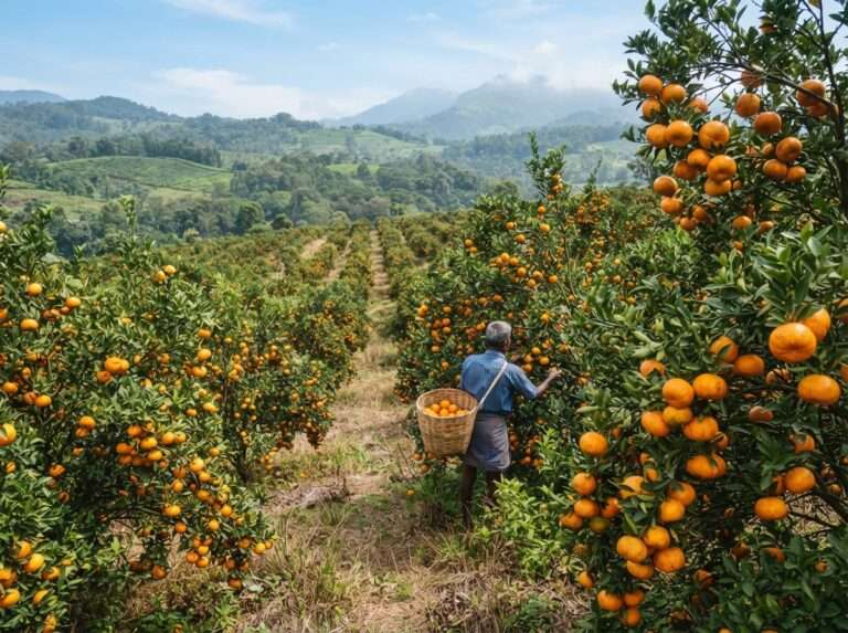 Neat rows of mandarin orange trees heavy with ripe, Government Orange and Vegetable Farm, Nelliyampathy, Kerala, India
