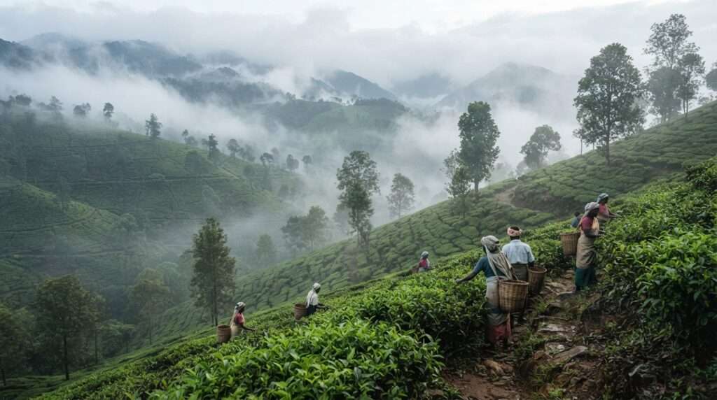 Misty morning over the plantation slopes, Poabs organic estate, Nelliyampathy, Kerala, India