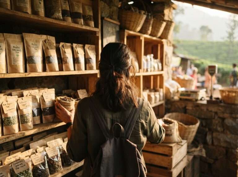 A traveller browsing tea, coffee and spice packs at the roadside estate, Poabs organic estate, Nelliyampathy, Kerala, India