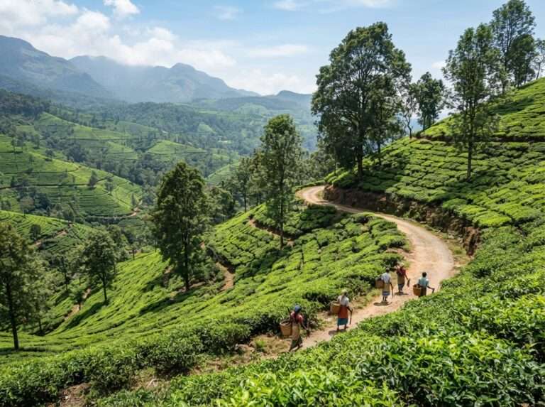 Neatly terraced tea and coffee slopes of the Poabs organic estate, Poabs organic estate, Nelliyampathy, Kerala, India