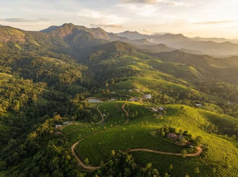 Aerial view of Poabs organic estate, Nelliyampathy, Kerala, India, at golden hour
