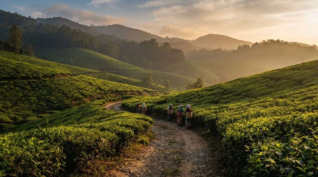 Late afternoon warm side light raking across the tea rows, Palagapandi estate, Nelliyampathy, Kerala, India