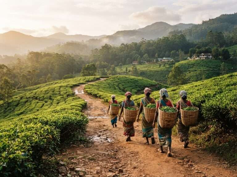 Tea pluckers with baskets walking back along the estate road, Palagapandi estate, Nelliyampathy, Kerala, India