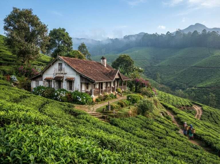 The old colonial planter's bungalow standing among rolling tea bushes, Palagapandi estate, Nelliyampathy, Kerala, India