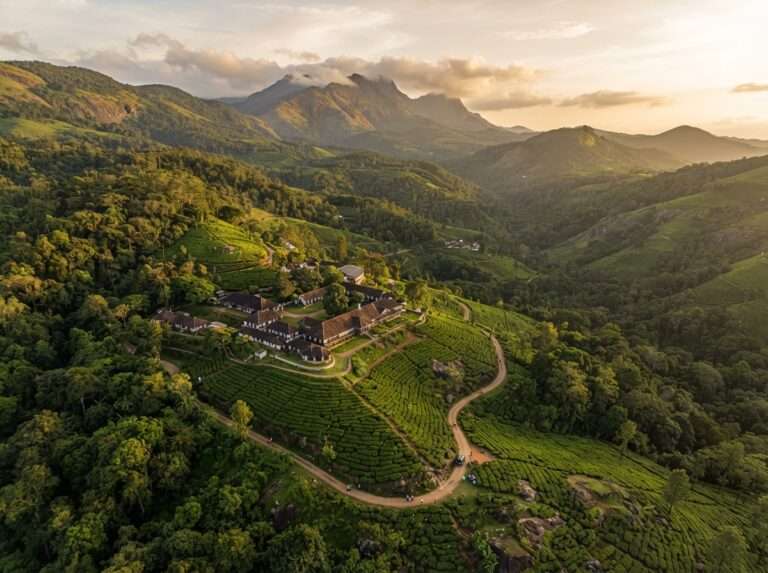 Aerial view of Palagapandi estate, Nelliyampathy, Kerala, India, at golden hour